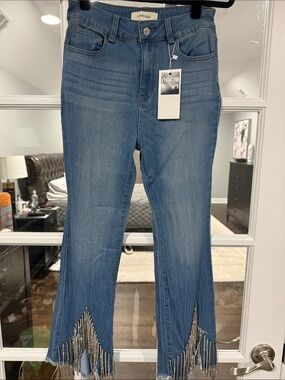 La Bijou Blue Embellished Fringe Hem Wide-Leg Jeans